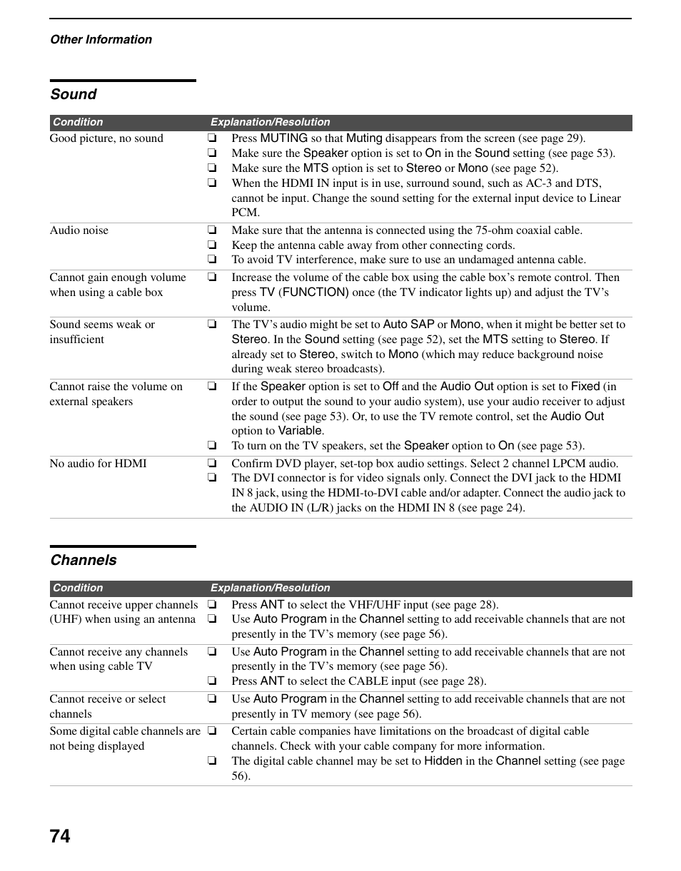 Sound, Channels, Sound channels | Sony KDS-R60XBR2 User Manual | Page 74 / 83