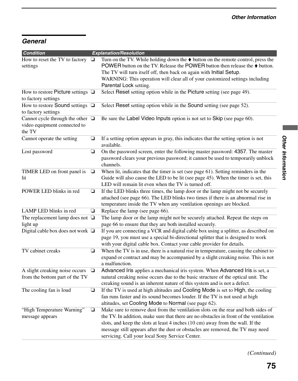 General | Sony KDS-R60XBR2 User Manual | Page 75 / 83