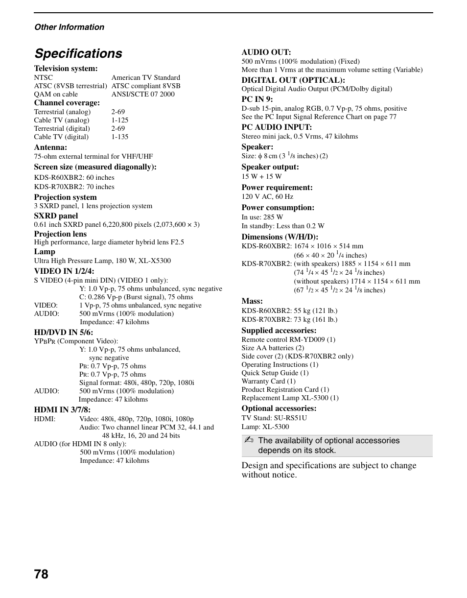Specifications, 78 specifications | Sony KDS-R60XBR2 User Manual | Page 78 / 83