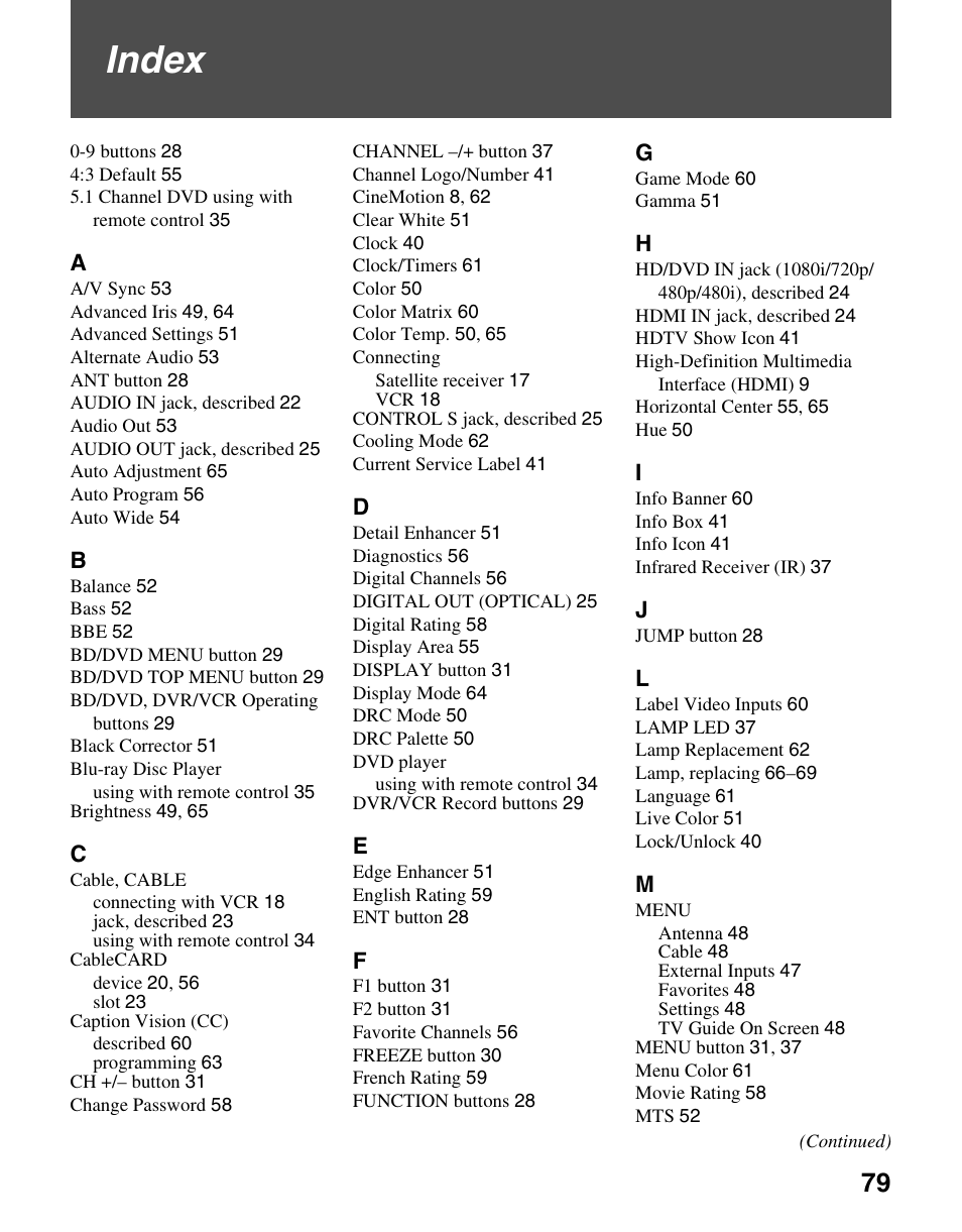 Index | Sony KDS-R60XBR2 User Manual | Page 79 / 83