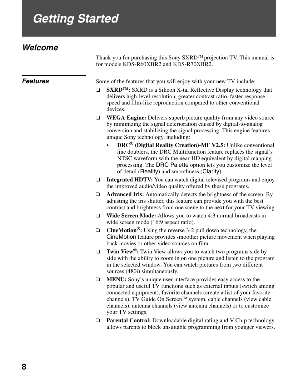 Getting started, Welcome, Features | Sony KDS-R60XBR2 User Manual | Page 8 / 83
