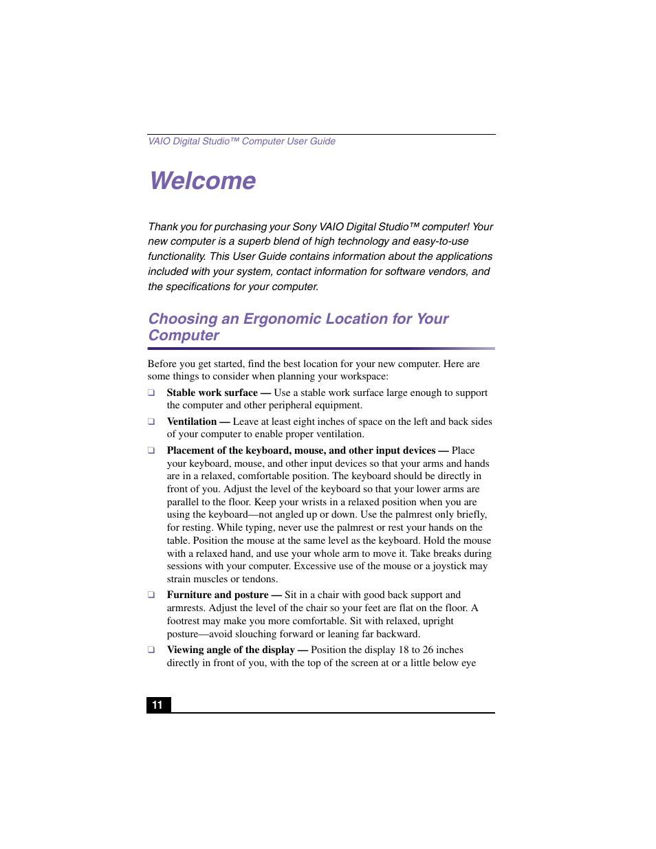 Welcome, Choosing an ergonomic location for your computer | Sony PCV-RX480DS User Manual | Page 11 / 101