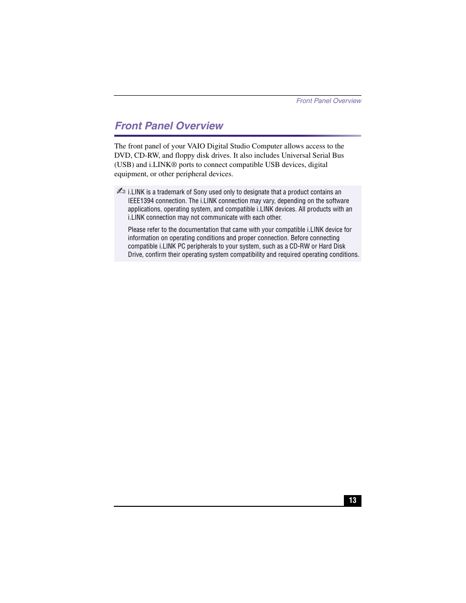 Front panel overview | Sony PCV-RX480DS User Manual | Page 13 / 101