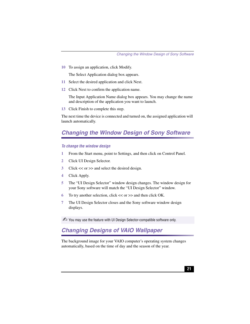 Changing the window design of sony software, Changing designs of vaio wallpaper | Sony PCV-RX480DS User Manual | Page 21 / 101