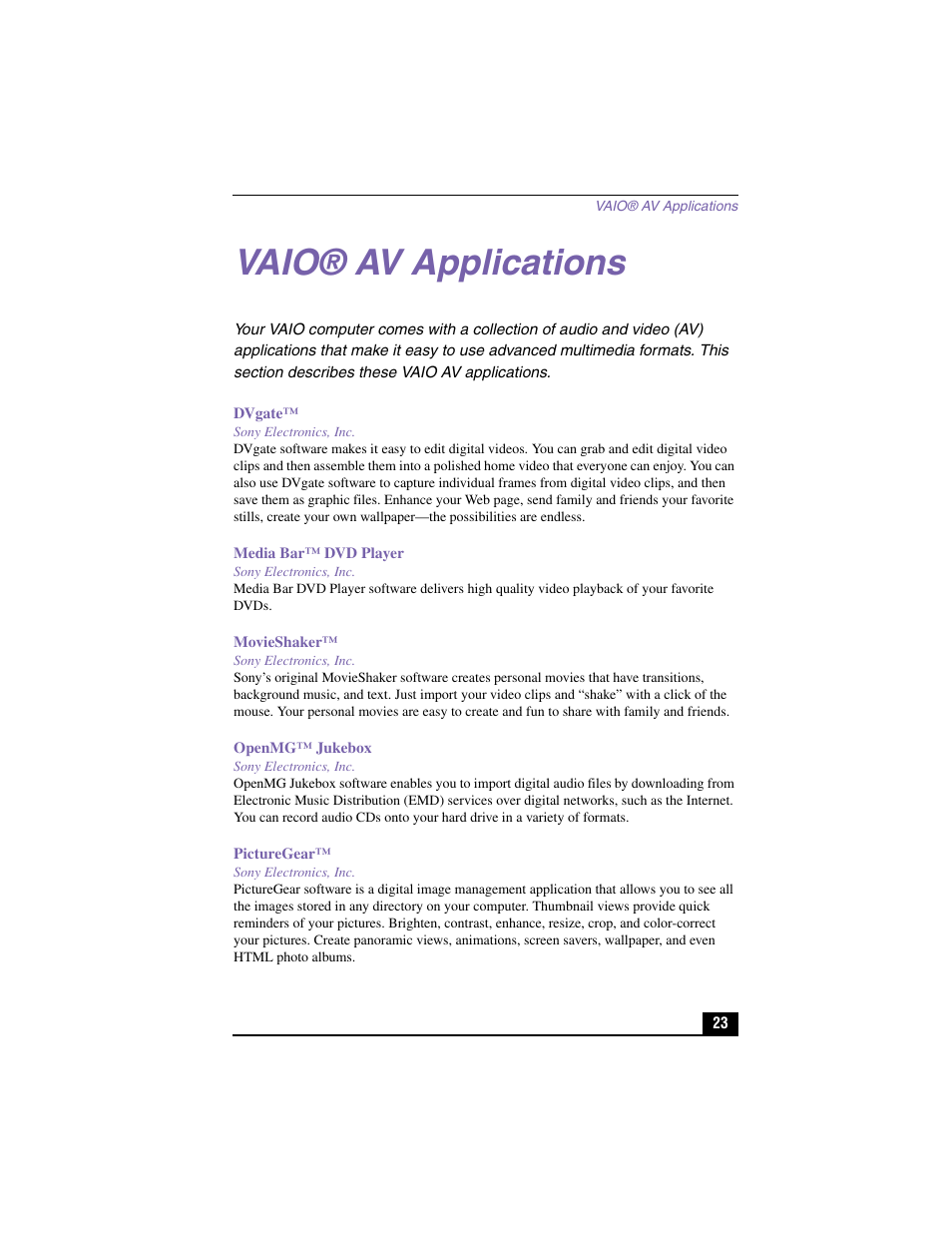 Vaio® av applications | Sony PCV-RX480DS User Manual | Page 23 / 101