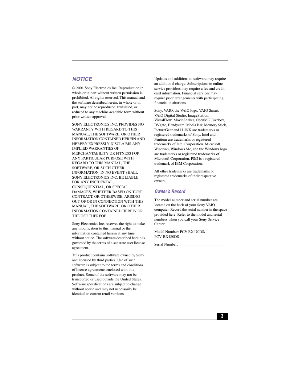 Notice | Sony PCV-RX480DS User Manual | Page 3 / 101