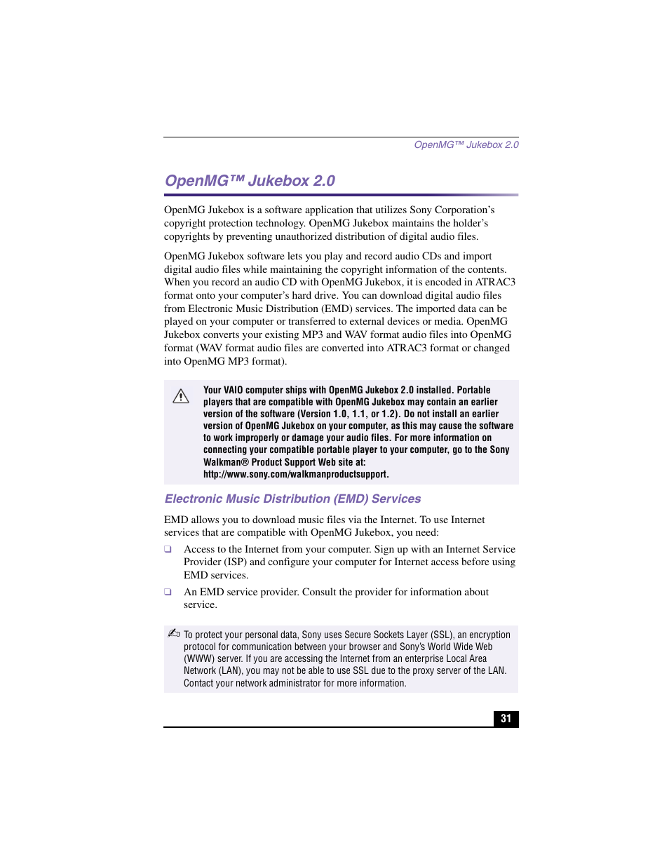 Openmg™ jukebox 2.0 | Sony PCV-RX480DS User Manual | Page 31 / 101
