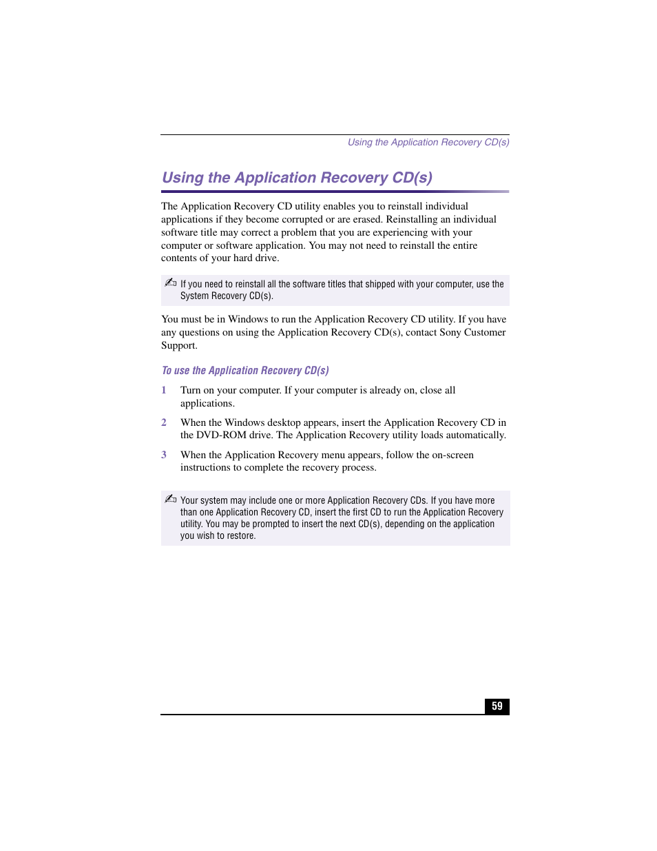 Using the application recovery cd(s) | Sony PCV-RX480DS User Manual | Page 59 / 101