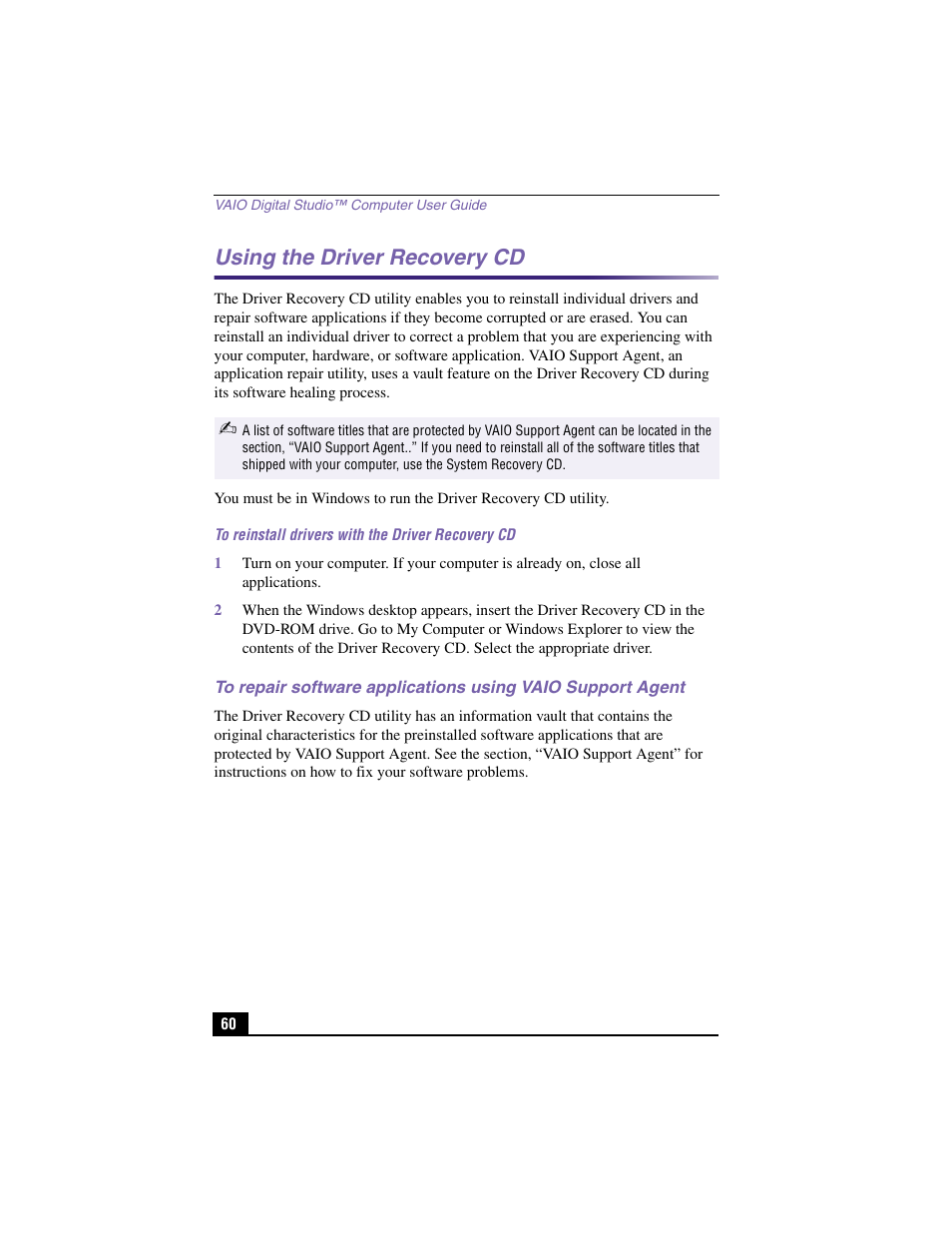 Using the driver recovery cd | Sony PCV-RX480DS User Manual | Page 60 / 101