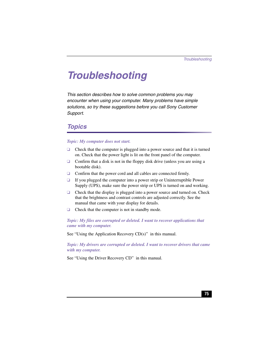 Troubleshooting, Topics | Sony PCV-RX480DS User Manual | Page 75 / 101