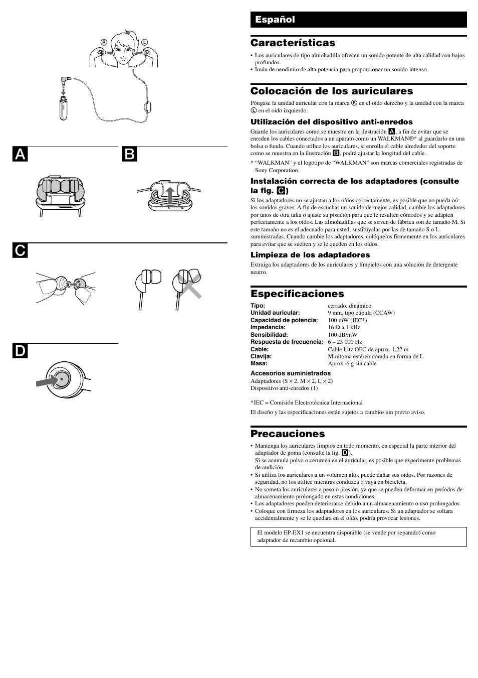 Ab c, Características, Colocación de los auriculares | Especificaciones, Precauciones, Español | Sony MDR-EX32LP User Manual | Page 2 / 2