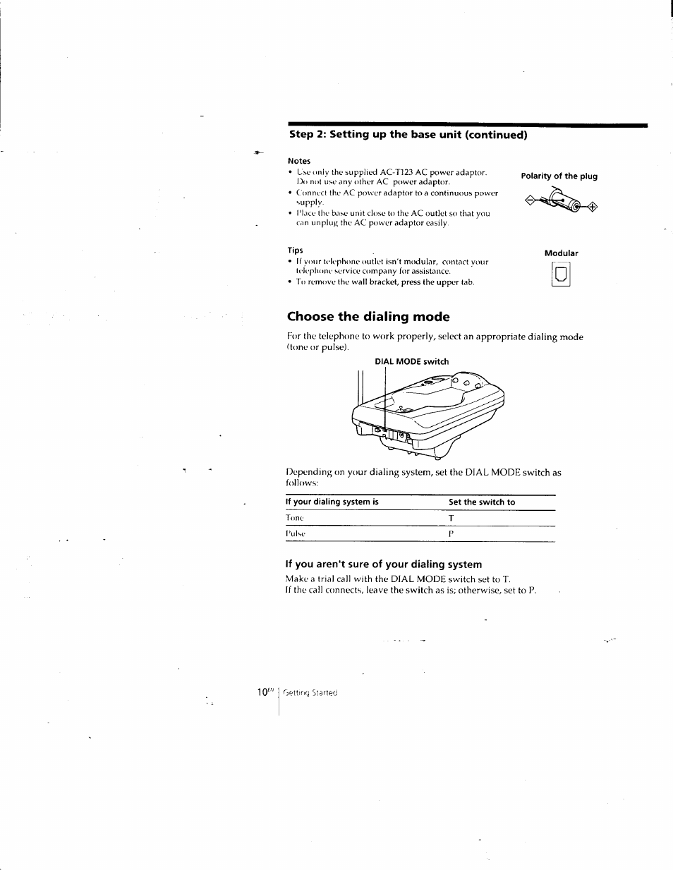 Notes, Polarity of the plug, Tips | Modular, Choose the dialing mode, Dial mode switch, If you aren't sure of your dialing system | Sony SPP-SS961 User Manual | Page 10 / 72