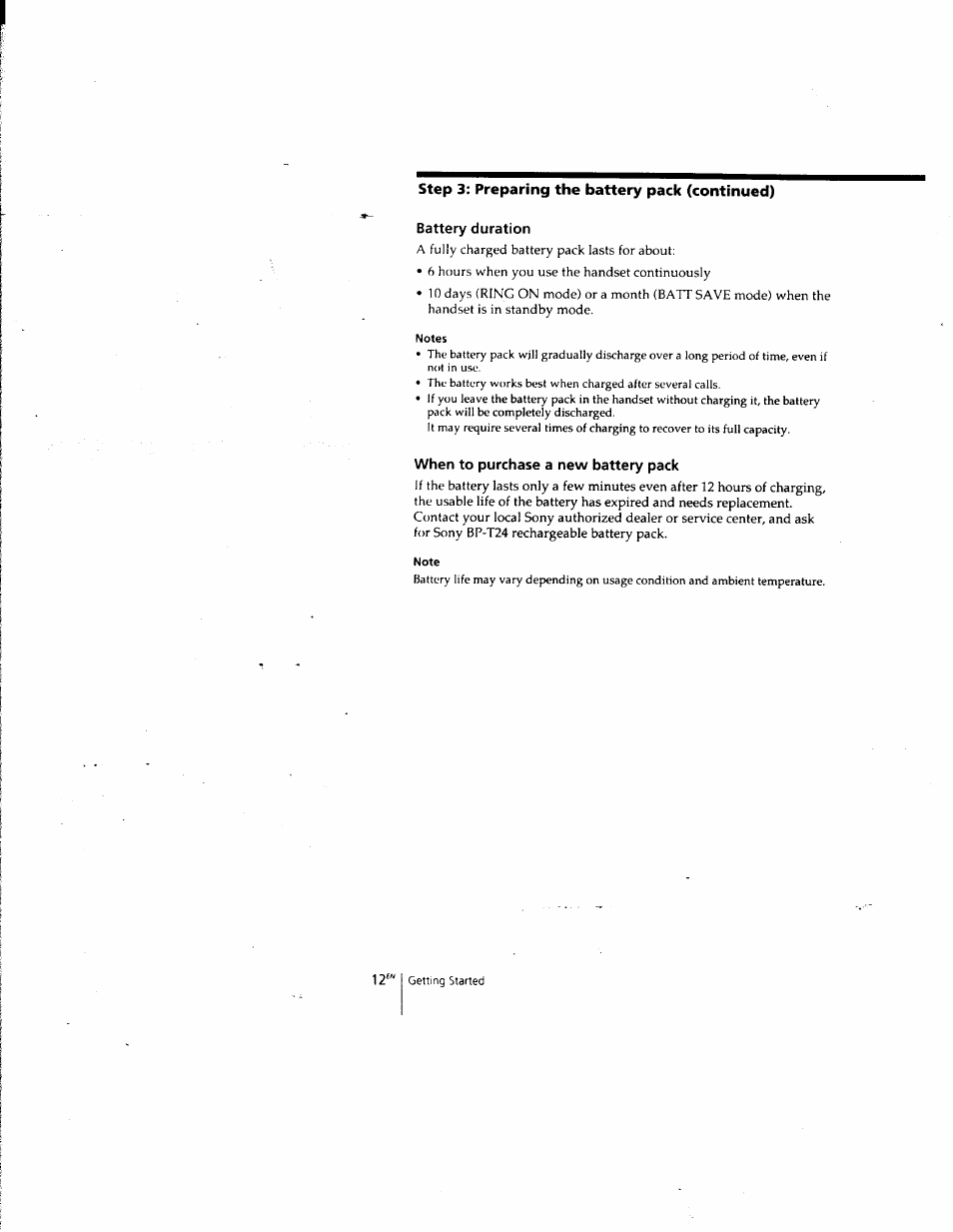 Battery duration, Notes, When to purchase a new battery pack | Note | Sony SPP-SS961 User Manual | Page 12 / 72