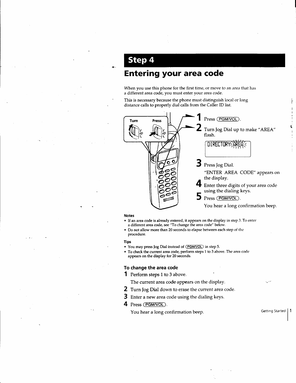 Entering your area code, Turn jog dial up to make "area" flash, Press jog dial | Enter area code" appears on the display, You hear a long confirmation beep, Notes, Tips, To change the area code, 1 perform steps 1 to 3 above, The current area code appears on the display | Sony SPP-SS961 User Manual | Page 13 / 72