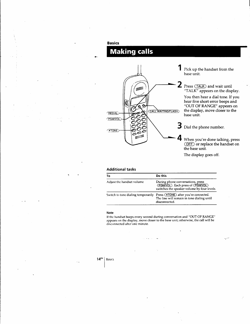 Basics, Making calls, Additional tasks | Sony SPP-SS961 User Manual | Page 14 / 72