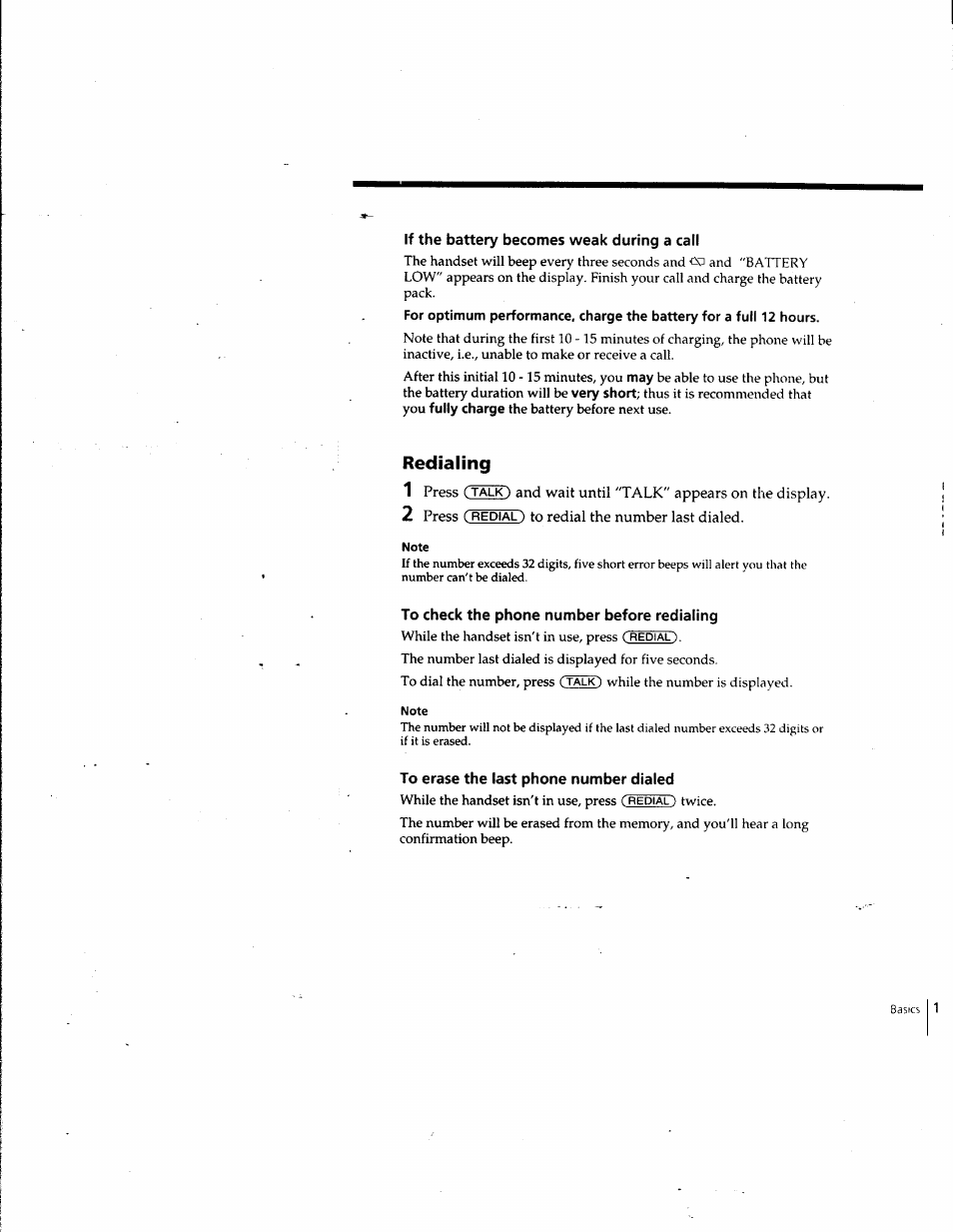 If the battery becomes weak during a call, Redialing, To check the phone number before redialing | To erase the last phone number dialed | Sony SPP-SS961 User Manual | Page 15 / 72