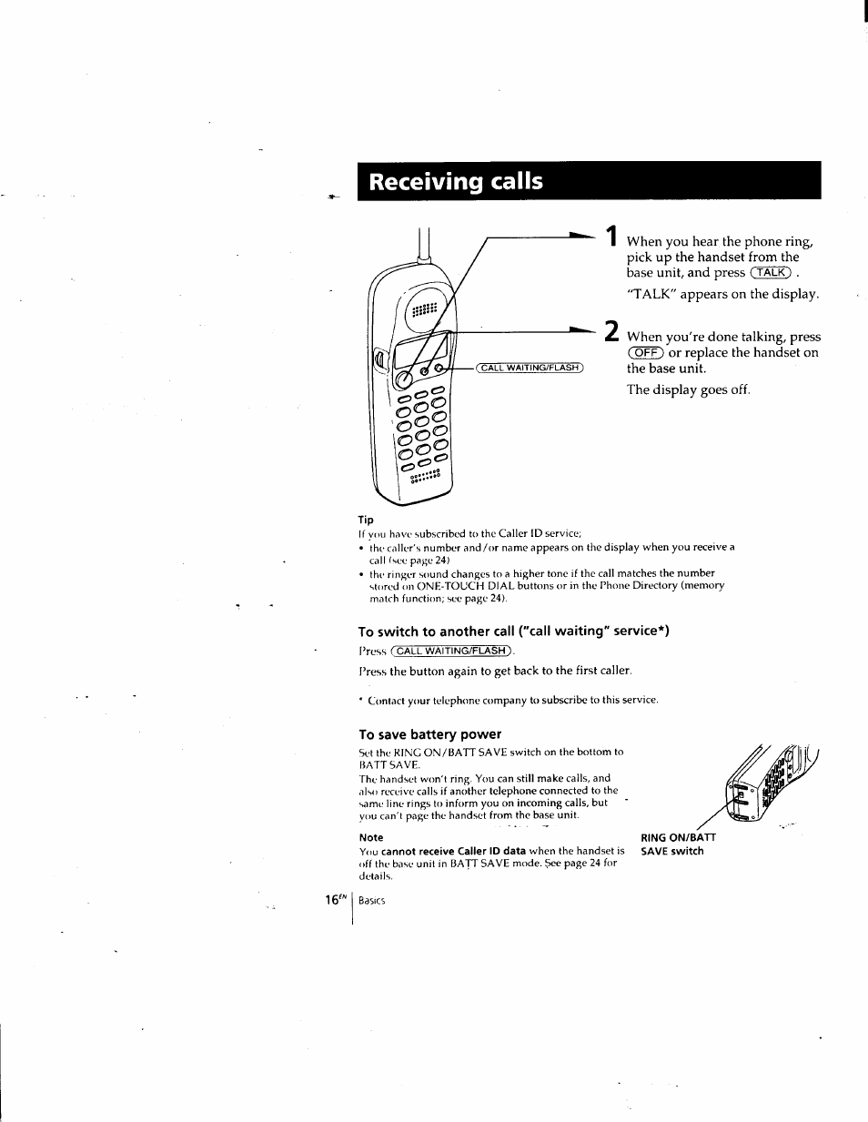 Receiving calls, To save battery power, Note | Ring on/batt save switch | Sony SPP-SS961 User Manual | Page 16 / 72