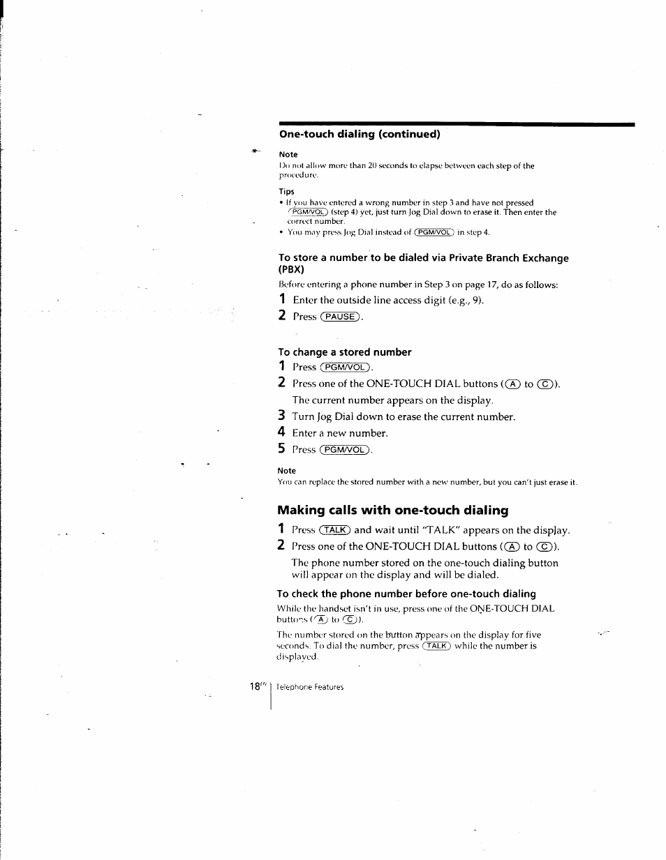 To change a stored number, Making calls with one-touch dialing, To check the phone number before one-touch dialing | Sony SPP-SS961 User Manual | Page 18 / 72