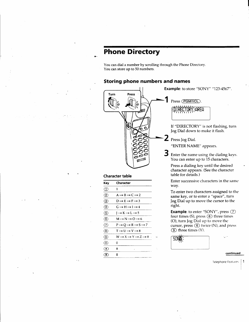 Phone directory, Storing phone numbers and names, Irecfqr'^=flrefi | Sony SPP-SS961 User Manual | Page 19 / 72