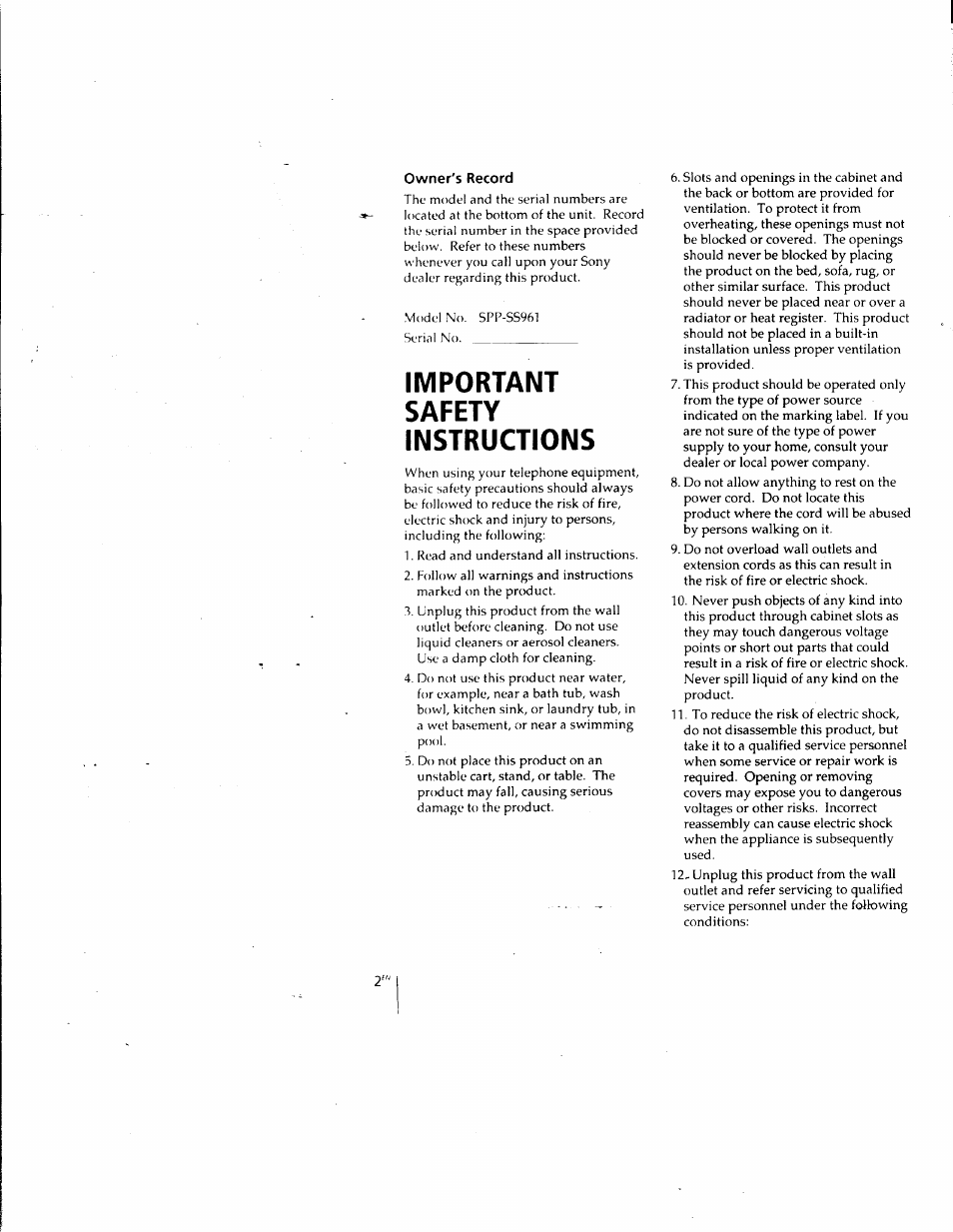 Owner's record, Important safety instructions | Sony SPP-SS961 User Manual | Page 2 / 72