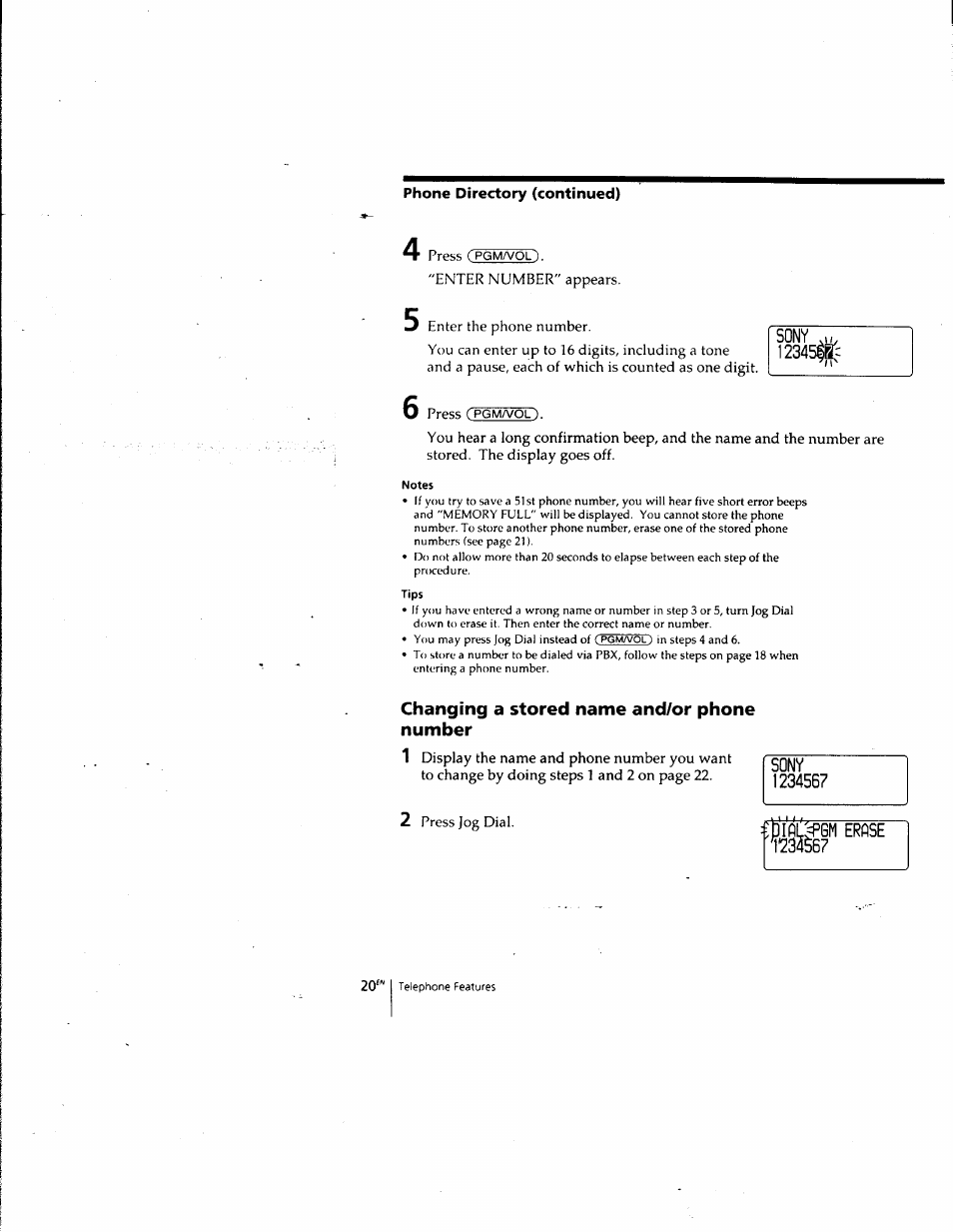 Enter number" appears, Enter the phone number, Notes | Tips, Changing a stored name and/or phone number, 2 press jog dial, Sony, Gm erase 1234^67 | Sony SPP-SS961 User Manual | Page 20 / 72