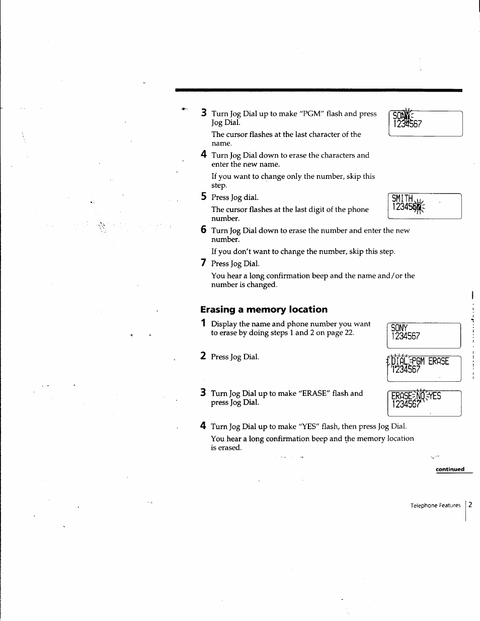 Smith^w, Erasing a memory location, Sony | Erpse, Erflse=:^=yes, 123455r | Sony SPP-SS961 User Manual | Page 21 / 72