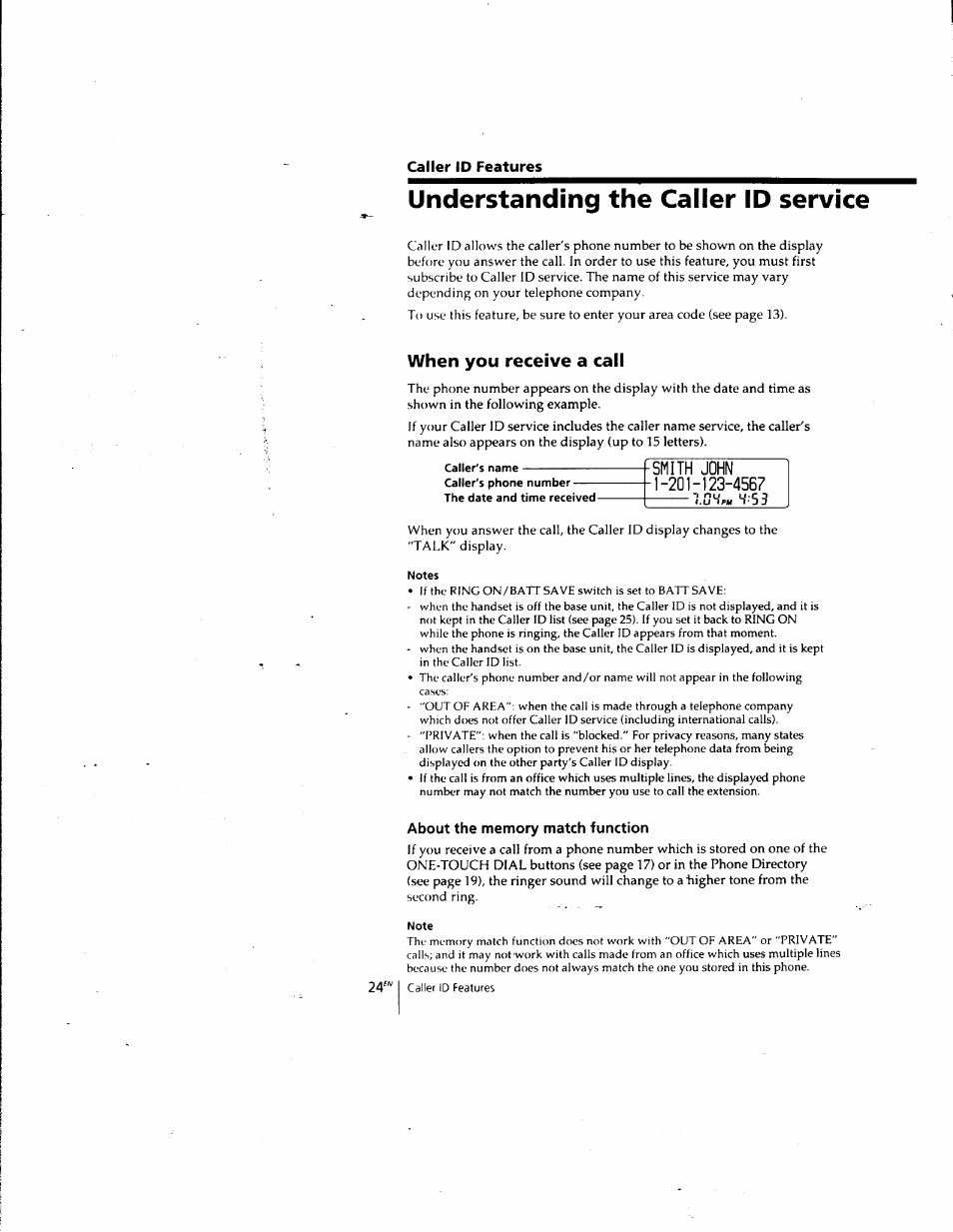 Caller id features, Understanding the caller id service, When you receive a call | Caller's name, Notes, About the memory match function, Note | Sony SPP-SS961 User Manual | Page 24 / 72