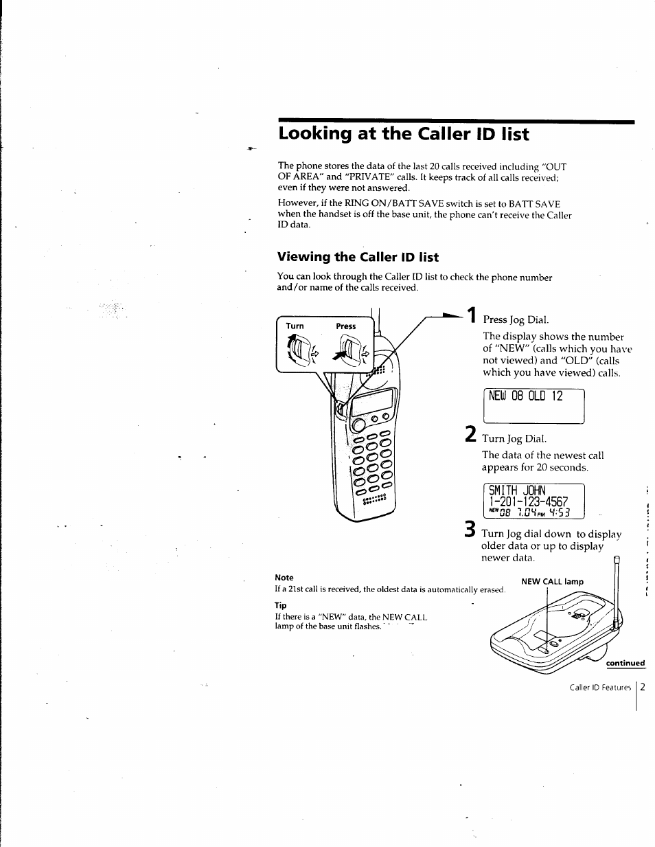 Looking at the caller id list, Viewing the caller id list, New 08 old 12 | Smith john 1-20н23-45б7 | Sony SPP-SS961 User Manual | Page 25 / 72