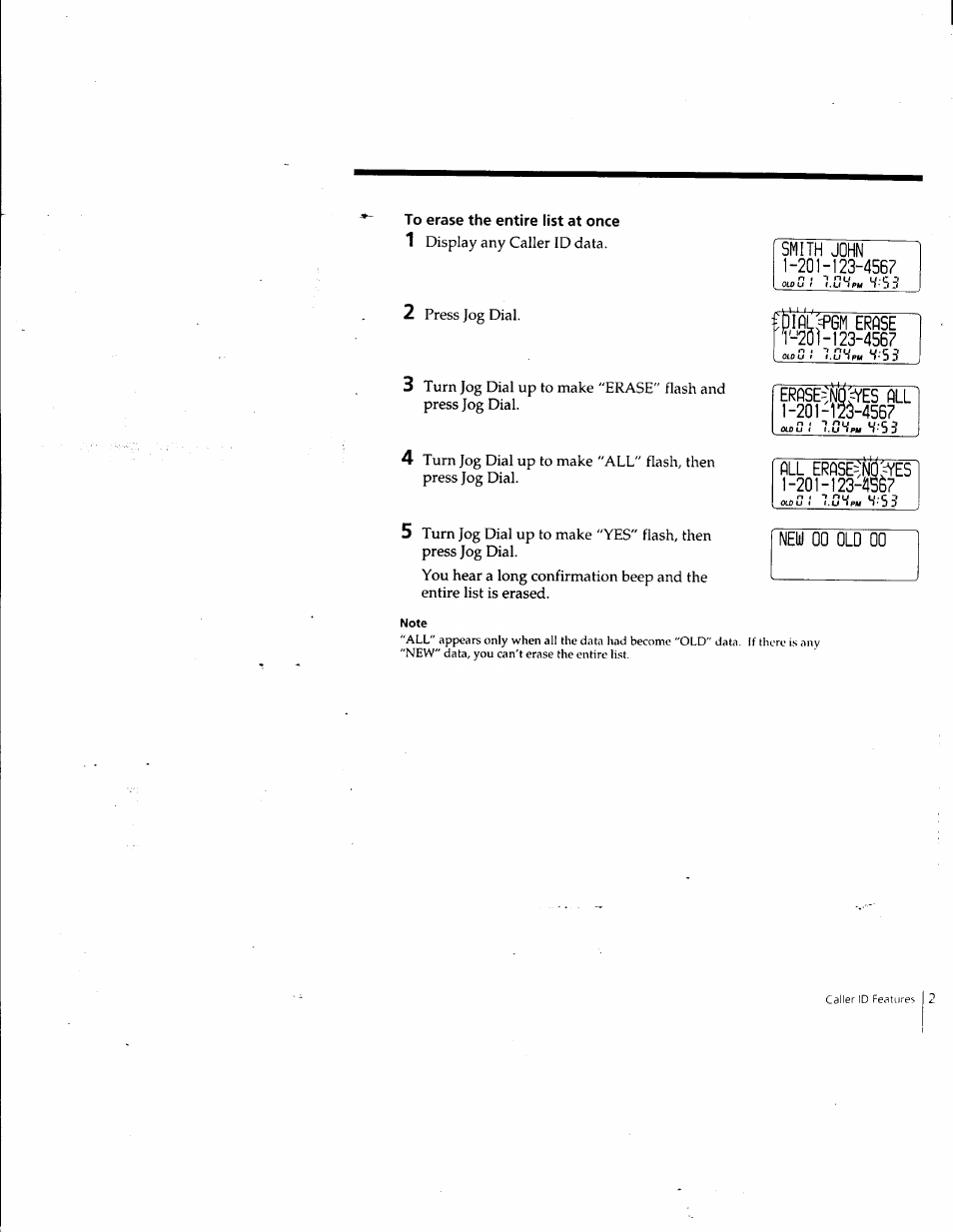 To erase the entire list at once, Erase '-'20]-123-4567, All erasein0:=yes 1-201-123-4567 | Nelil 00 old 00 | Sony SPP-SS961 User Manual | Page 27 / 72