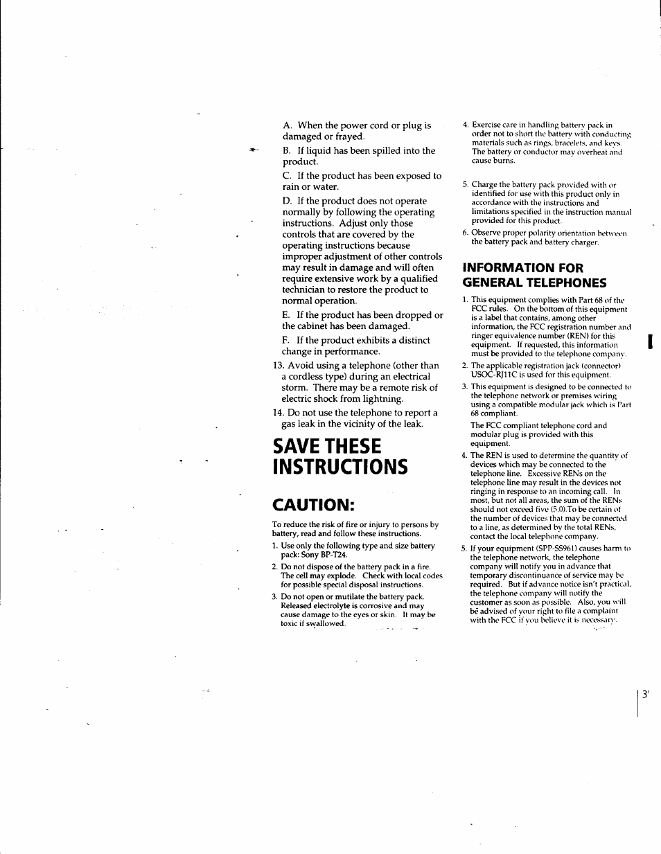 Caution, Information for general telephones, Save these instructions | Sony SPP-SS961 User Manual | Page 3 / 72