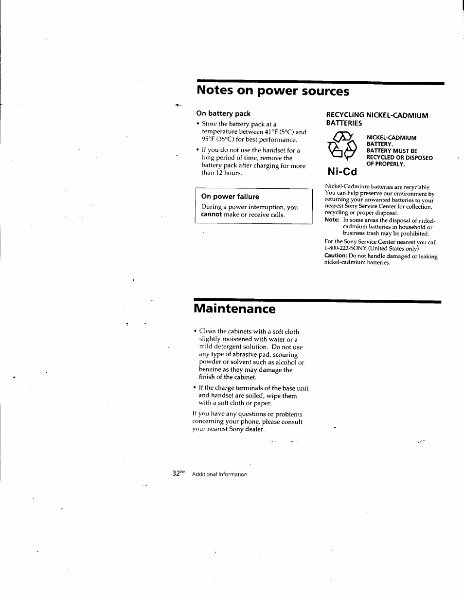 Notes on power sources, On battery pack, Recycling nickel-cadmium batteries | Nickel-cadmium, Battery, Maintenance, Ni-cd | Sony SPP-SS961 User Manual | Page 33 / 72