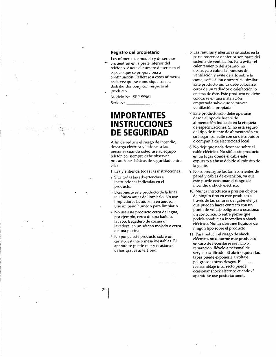 Registro del propietario, Importantes instrucciones de seguridad | Sony SPP-SS961 User Manual | Page 36 / 72