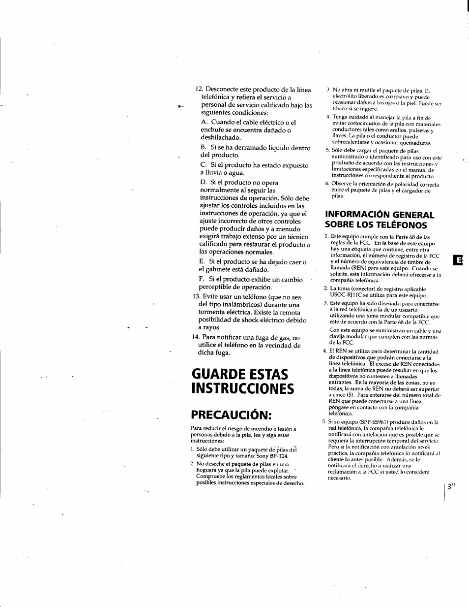 Precaución, Información general sobre los teléfonos, Guarde estas instrucciones | Sony SPP-SS961 User Manual | Page 37 / 72