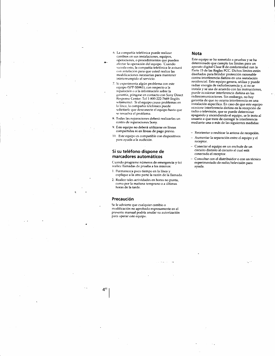 Si su teléfono dispone de marcadores automáticos, Nota, Precaución | Sony SPP-SS961 User Manual | Page 38 / 72