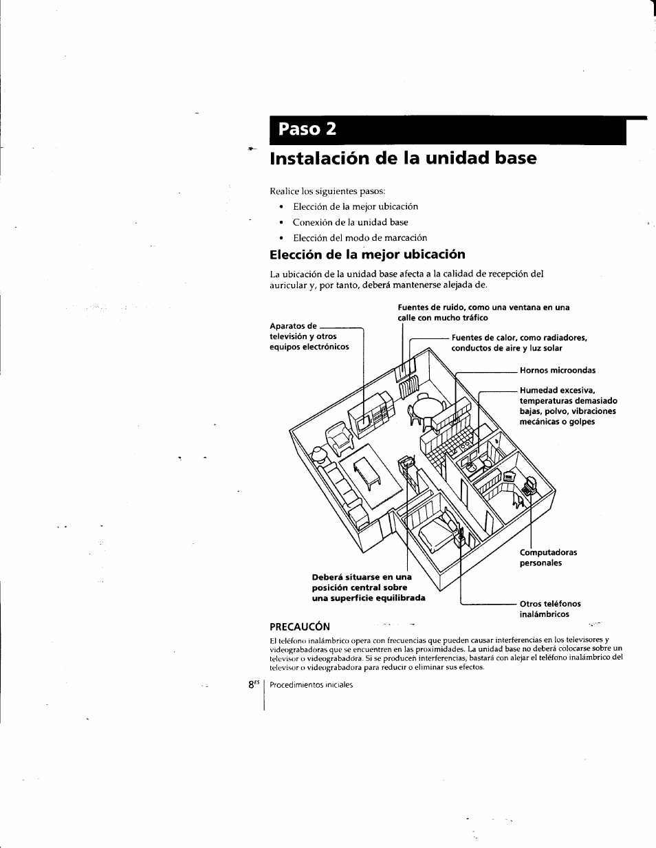 Instalación de la unidad base, Elección de la mejor ubicación, Precaucón | Paso 2 | Sony SPP-SS961 User Manual | Page 42 / 72