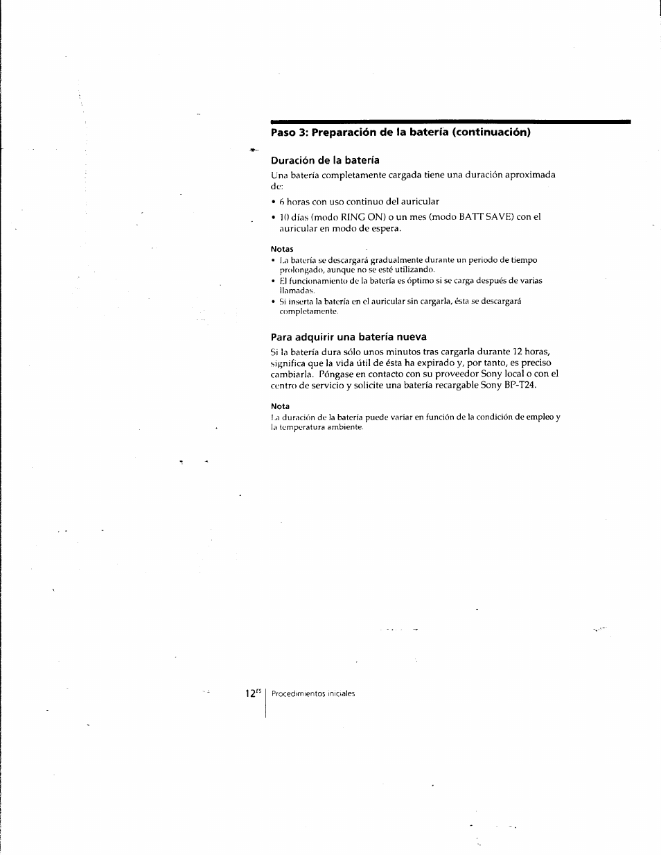 Duración de la batería, Notas, Para adquirir una batería nueva | Nota, Paso 3: preparación de la batería (continuación) | Sony SPP-SS961 User Manual | Page 46 / 72