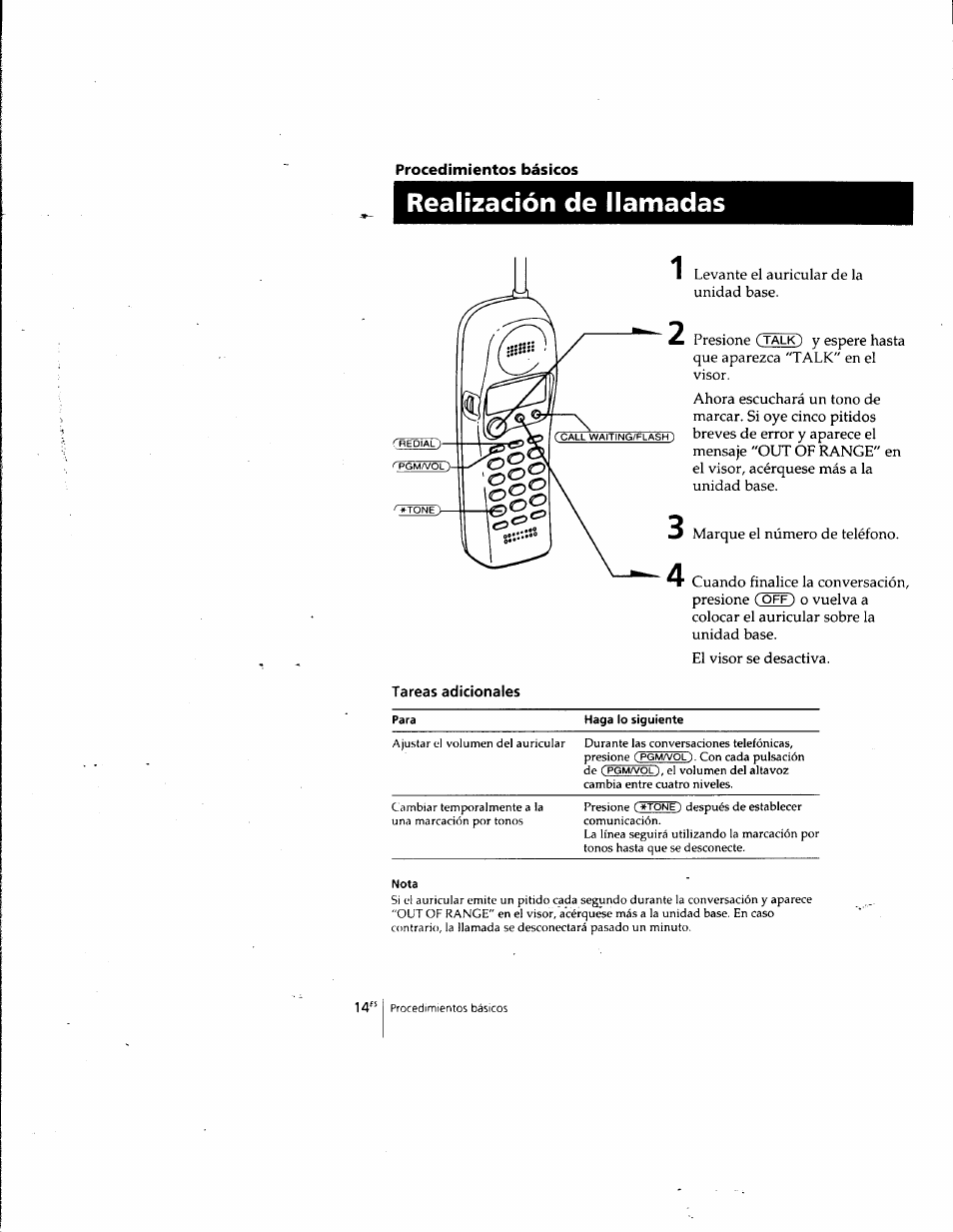 Realización de llamadas, Tareas adicionales, Nota | Procedimientos básicos | Sony SPP-SS961 User Manual | Page 48 / 72