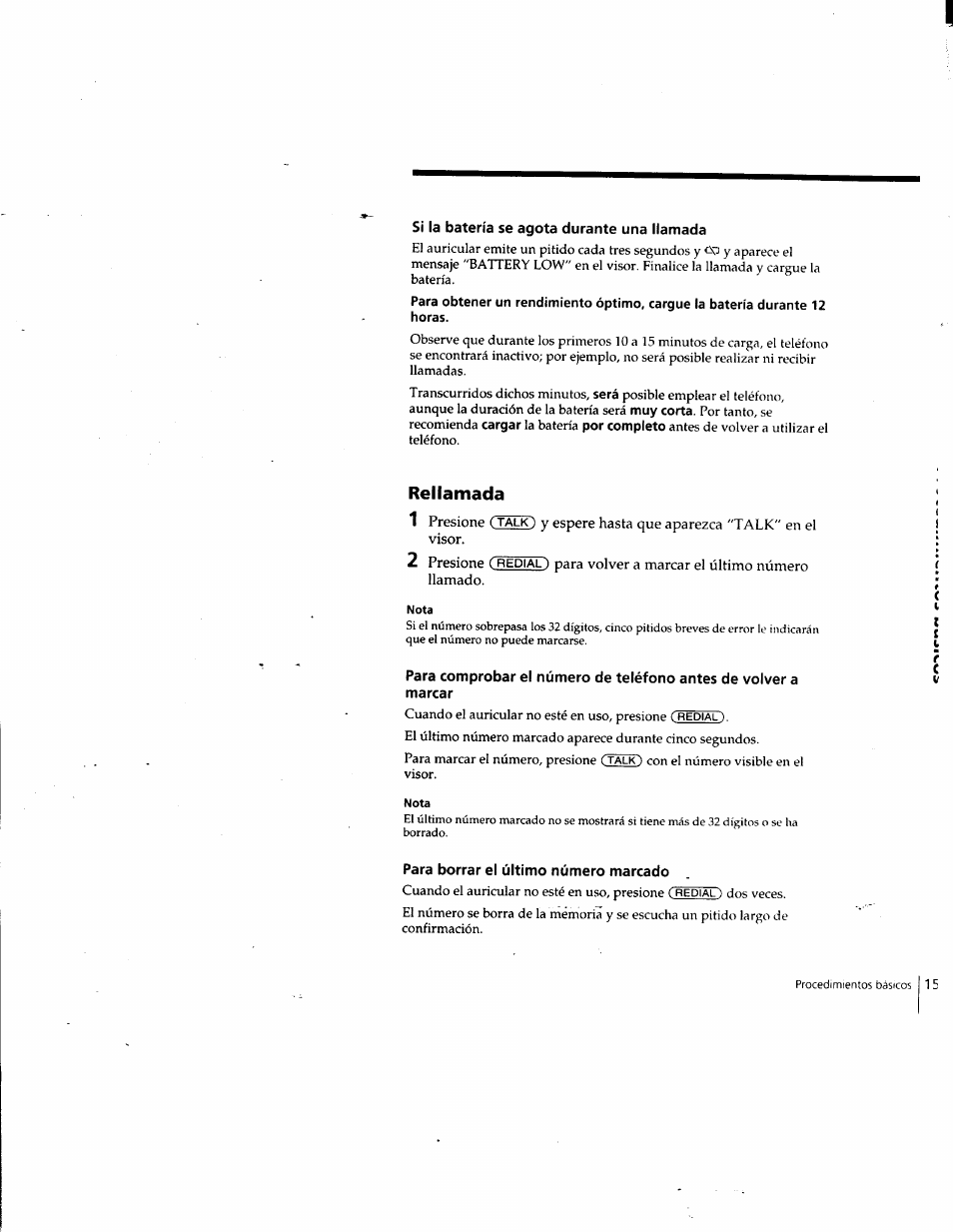 Si la batería se agota durante una llamada, Rellamada, Nota | Para borrar el último número marcado | Sony SPP-SS961 User Manual | Page 49 / 72