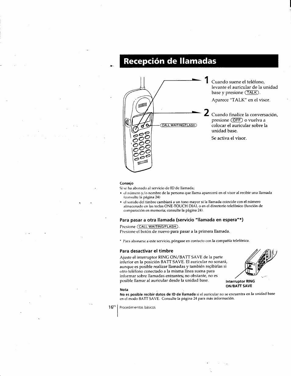 Recepción de llamadas, Consejo, Para desactivar el timbre | Nota, Recepción de llamadas 1 | Sony SPP-SS961 User Manual | Page 50 / 72