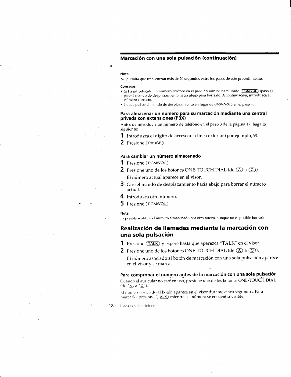 2 presione (pause), Para cambiar un número almacenado, 1 presione (pgma/ol) | El número actual aparece en el visor, 4 introduzca otro número, 5 presione (pgm/vol) | Sony SPP-SS961 User Manual | Page 52 / 72