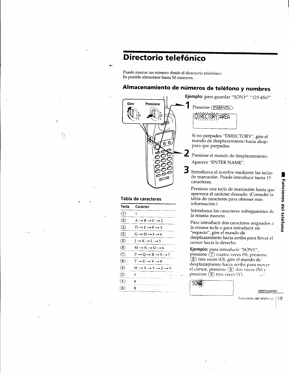 Directorio telefónico, Almacenamiento de números de teléfono y nombres, Ìrector'(:^refì | Sony SPP-SS961 User Manual | Page 53 / 72