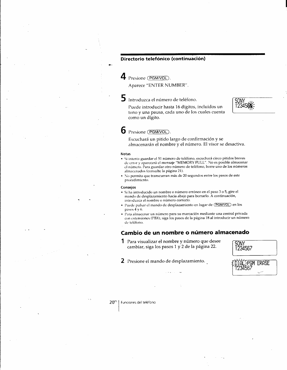 Aparece "enter number, Introduzca el número de teléfono, O presione c pgma/ol) | Notas, Consejos, Cambio de un nombre o número almacenado, 2 presione el mando de desplazamiento | Sony SPP-SS961 User Manual | Page 54 / 72