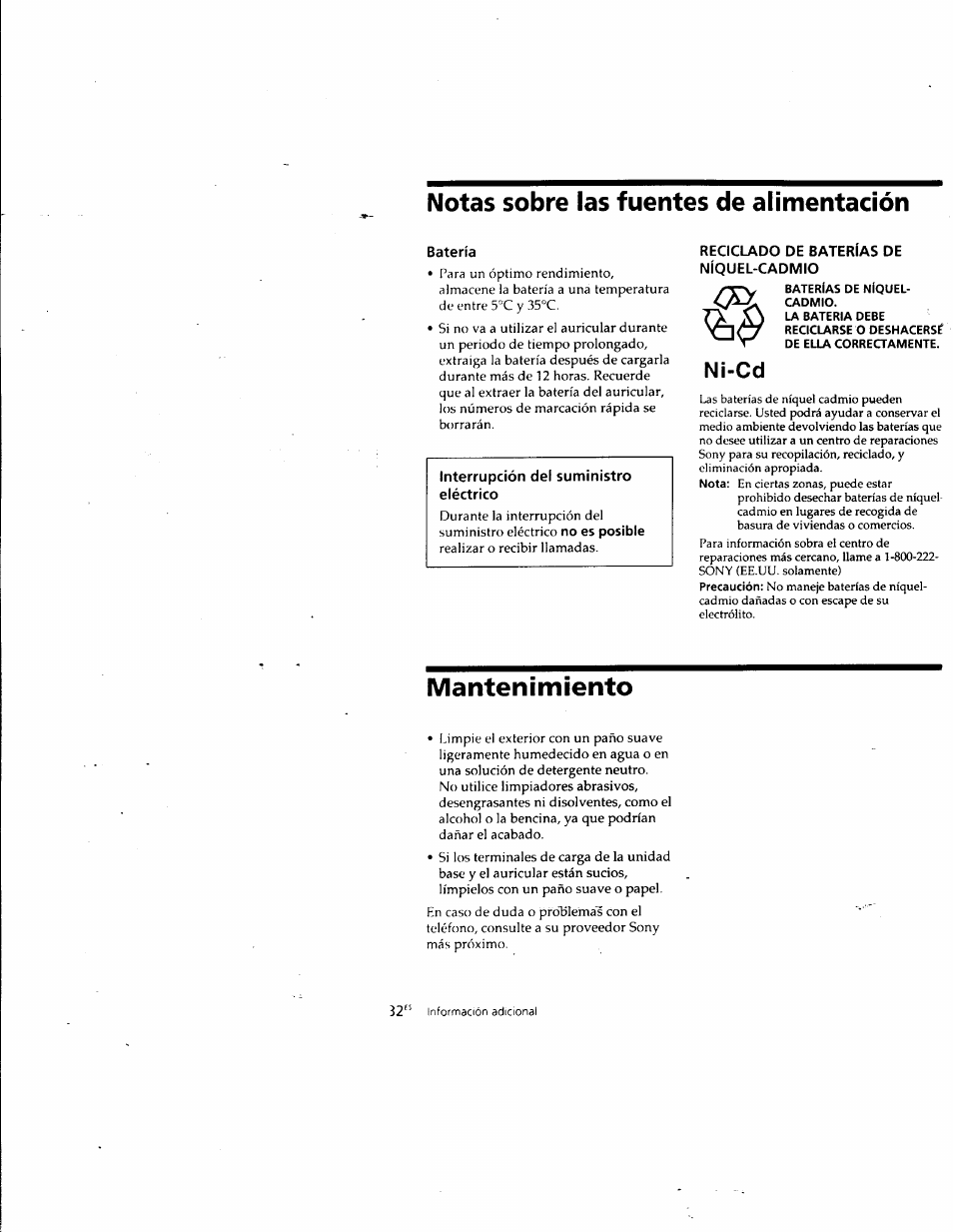 Notas sobre las fuentes de alimentación, Batería, Reciclado de baterias de níquel-cadmio | Py baterías de níquel, Cadmio, 7a al la bateria debe, Vn reciclarse o deshacerse, De ella correctamente, Mantenimiento, Ni-cd | Sony SPP-SS961 User Manual | Page 59 / 72