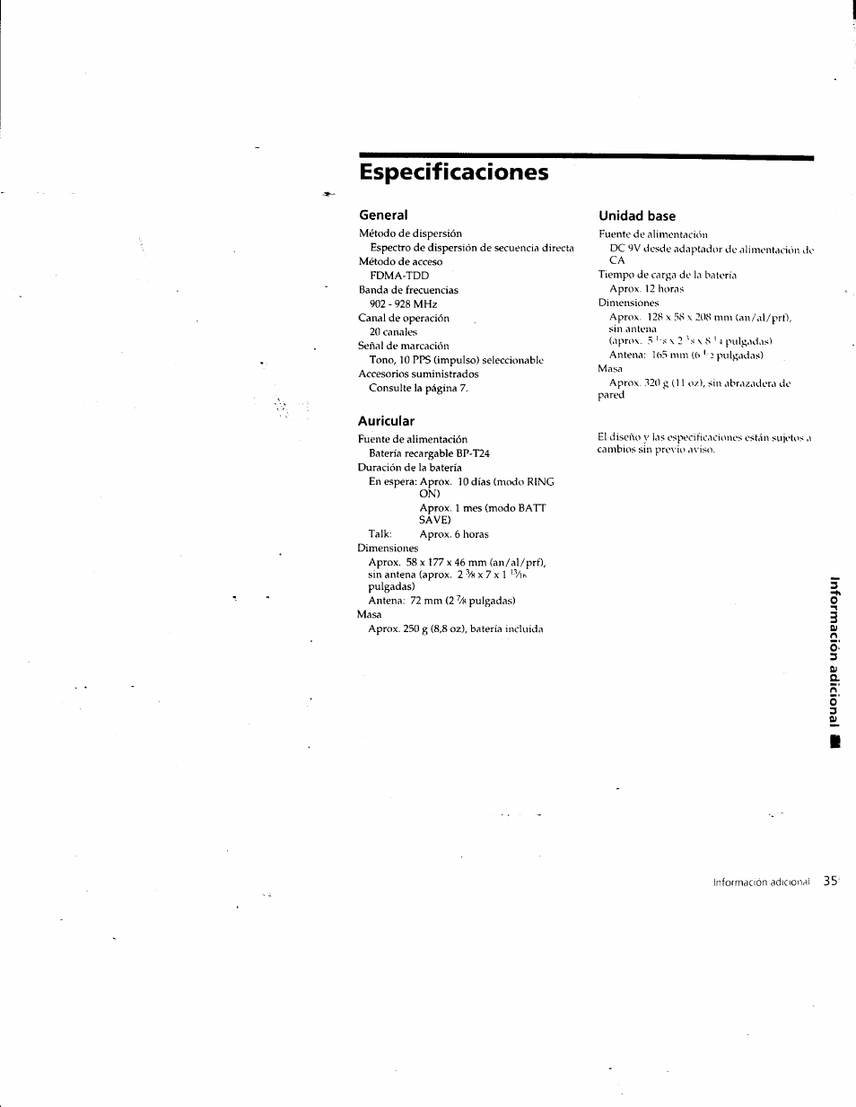 Especificaciones, General, Unidad base | Auricular | Sony SPP-SS961 User Manual | Page 61 / 72