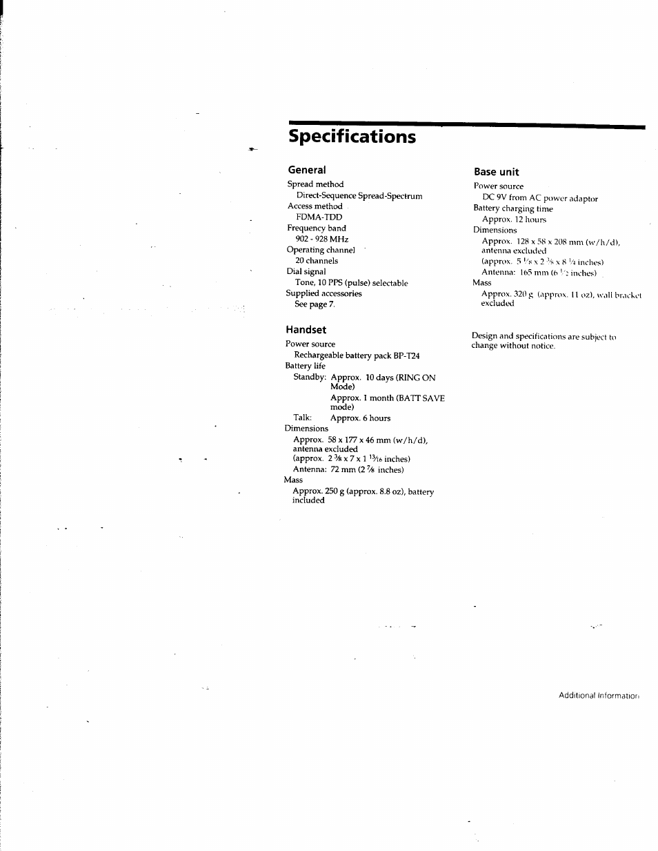 Specifications, Base unit, Handset | Sony SPP-SS961 User Manual | Page 63 / 72