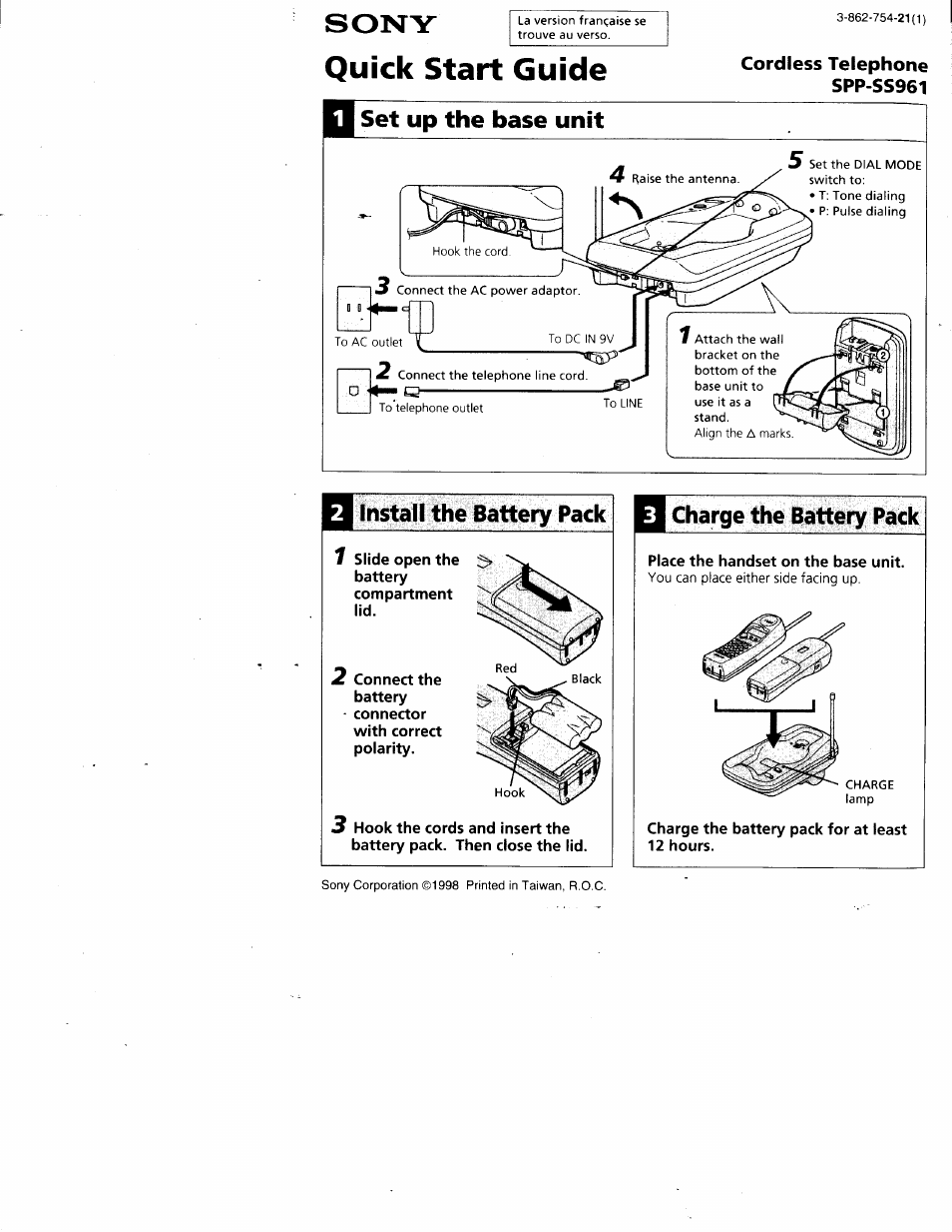 Sony, H set up the base unit, Install the battery pack | Charge the battery pack, Quick start guide | Sony SPP-SS961 User Manual | Page 65 / 72