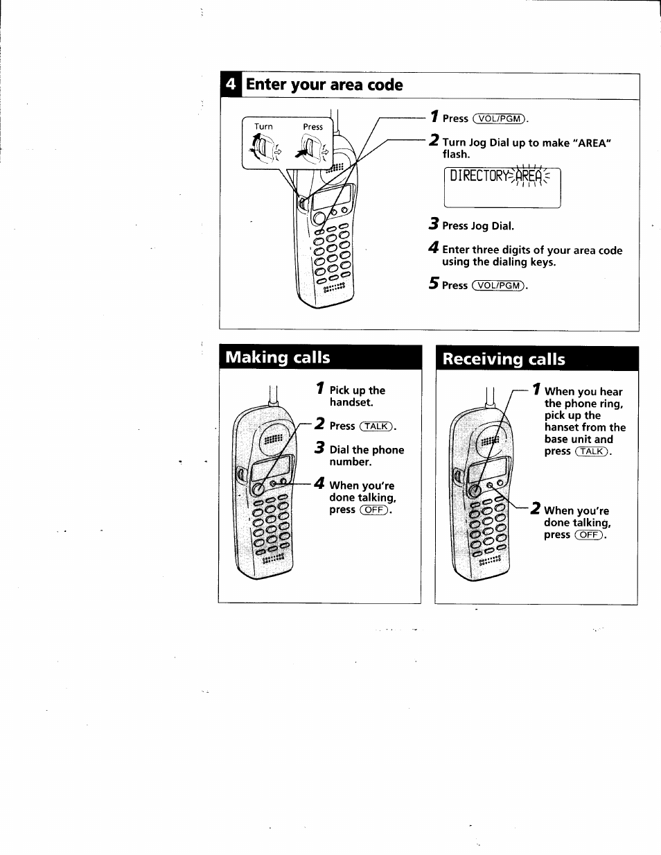 H enter your area code, Making calls, Receiving calls | Making calls receiving calls | Sony SPP-SS961 User Manual | Page 66 / 72