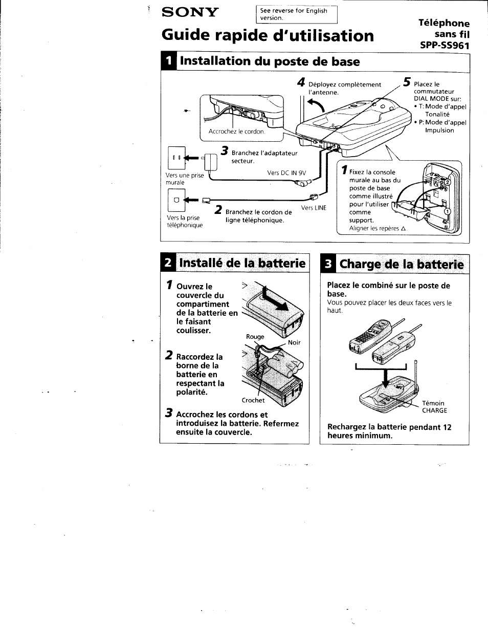 Installation du poste de base, Installé de la batterie, Charge de la batterie | Vous pouvez placer les deux faces vers le haut, Guide rapide d'utilisation, Sony | Sony SPP-SS961 User Manual | Page 69 / 72