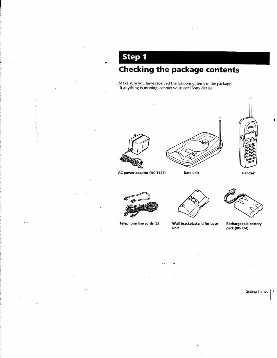 Checking the package contents, Telephone line cords (2), Pack (bp-t24) | Step 1 | Sony SPP-SS961 User Manual | Page 7 / 72