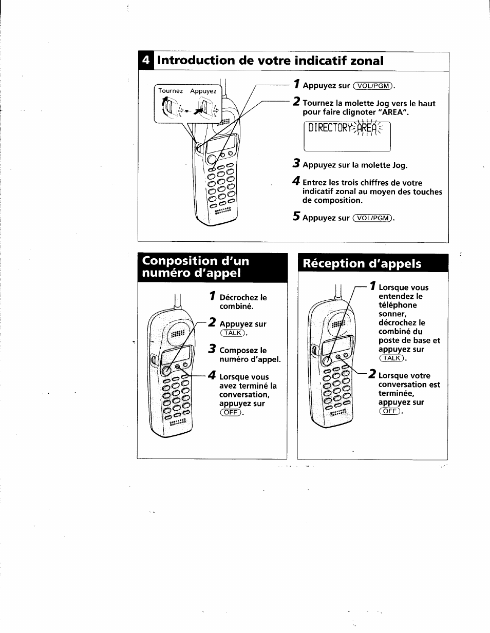 H introduction de votre indicatif zonal, Conposition d'un numéro d'appel, Réception d'appels | Conposition d'un numéro d'appel réception d'appels | Sony SPP-SS961 User Manual | Page 70 / 72